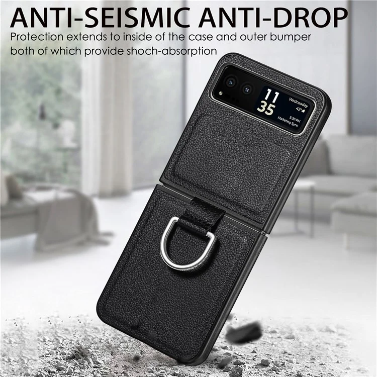 Suporte de Anel para Telefone Celular para Motorola Razr 40 5G, Capa de Couro Texturizado com Revestimento de PC - Preto