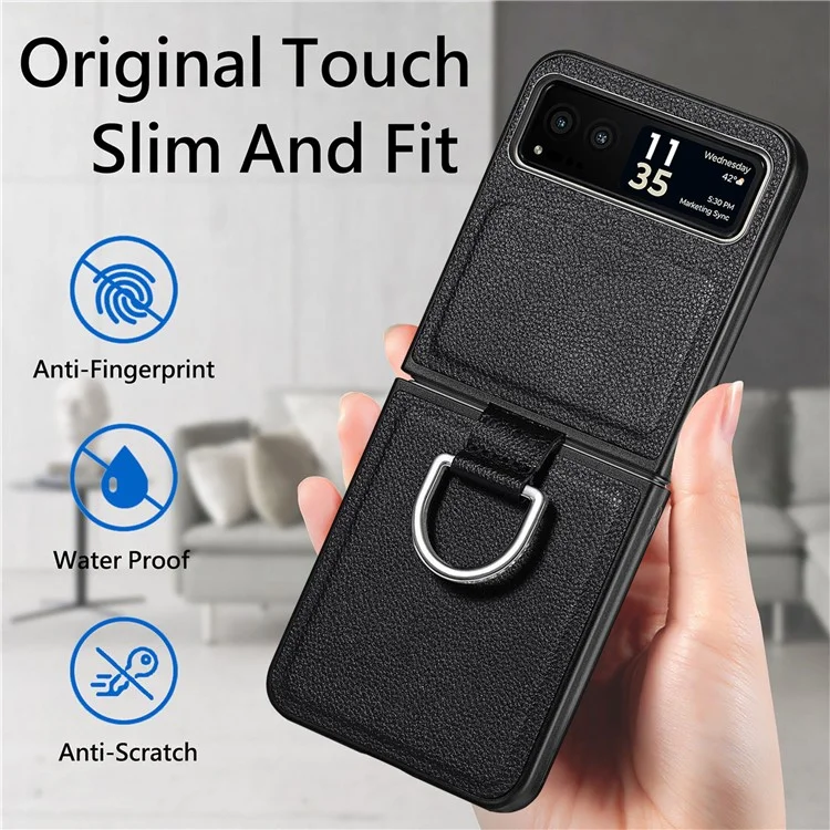 Suporte de Anel para Telefone Celular para Motorola Razr 40 5G, Capa de Couro Texturizado com Revestimento de PC - Preto
