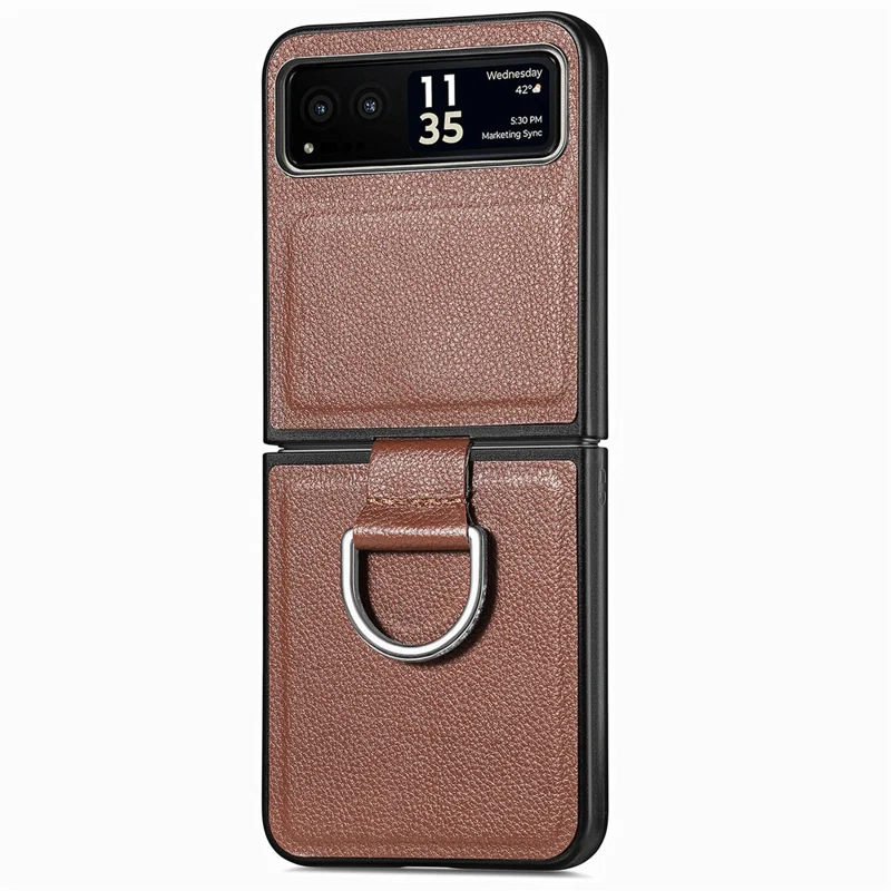 Finger Ring Holder Phone Case for Motorola Razr 40 5G , Litchi Texture Leather Coated PC Cover - Brown
