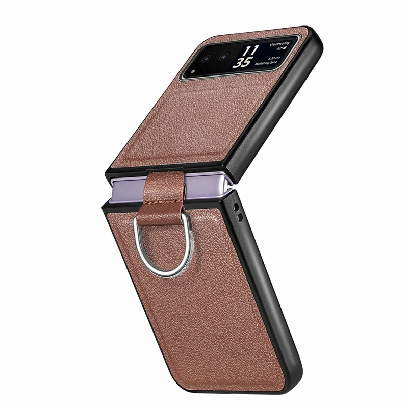 Finger Ring Holder Phone Case for Motorola Razr 40 5G , Litchi Texture Leather Coated PC Cover - Brown