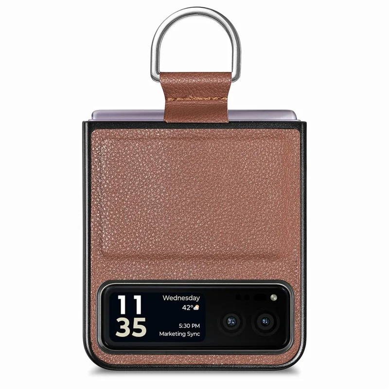 Finger Ring Holder Phone Case for Motorola Razr 40 5G , Litchi Texture Leather Coated PC Cover - Brown