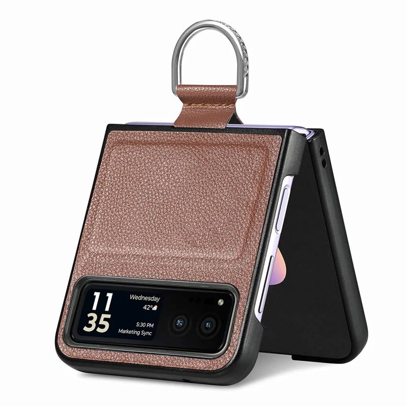 Finger Ring Holder Phone Case for Motorola Razr 40 5G , Litchi Texture Leather Coated PC Cover - Brown