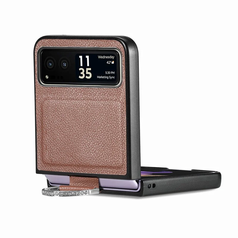 Finger Ring Holder Phone Case for Motorola Razr 40 5G , Litchi Texture Leather Coated PC Cover - Brown