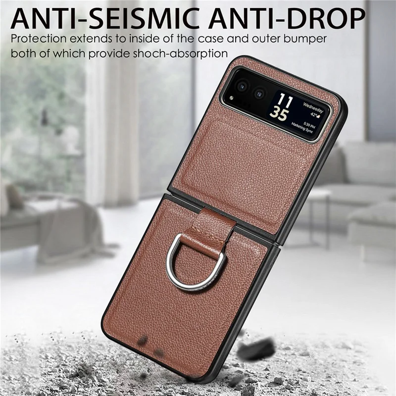Finger Ring Holder Phone Case for Motorola Razr 40 5G , Litchi Texture Leather Coated PC Cover - Brown
