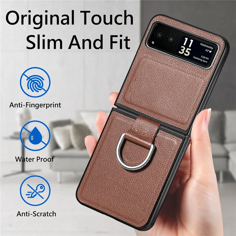 Finger Ring Holder Phone Case for Motorola Razr 40 5G , Litchi Texture Leather Coated PC Cover - Brown