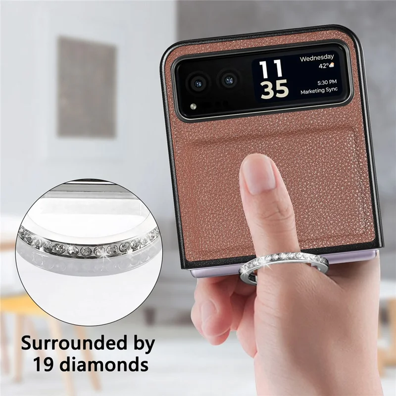 Finger Ring Holder Phone Case for Motorola Razr 40 5G , Litchi Texture Leather Coated PC Cover - Brown