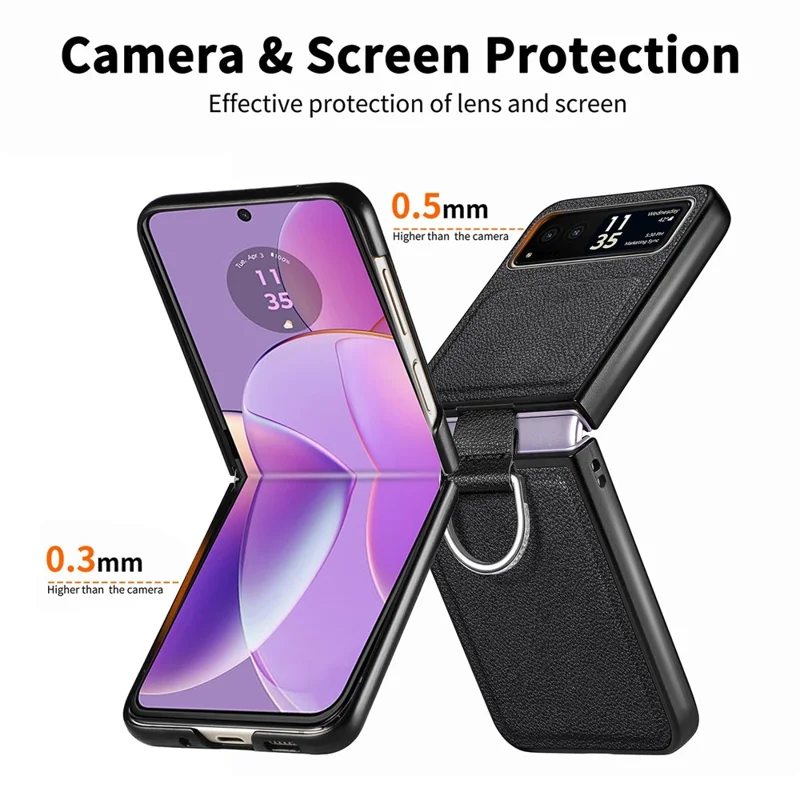 Finger Ring Holder Phone Case for Motorola Razr 40 5G , Litchi Texture Leather Coated PC Cover - Brown