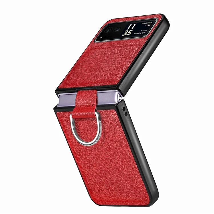 Finger Ring Holder Phone Case for Motorola Razr 40 5G , Litchi Texture Leather Coated PC Cover - Red