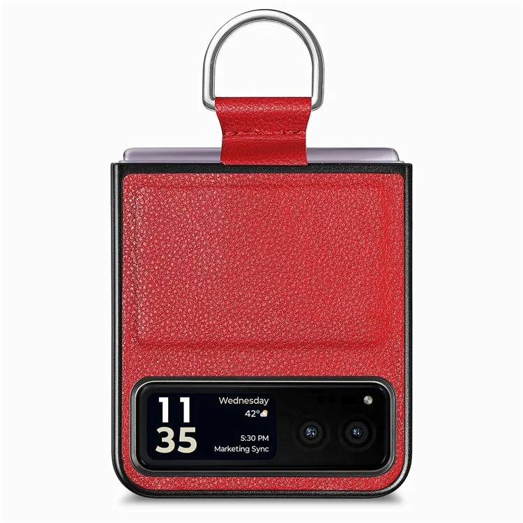 Finger Ring Holder Phone Case for Motorola Razr 40 5G , Litchi Texture Leather Coated PC Cover - Red