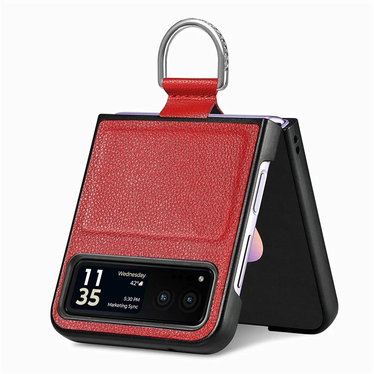 Finger Ring Holder Phone Case for Motorola Razr 40 5G , Litchi Texture Leather Coated PC Cover - Red