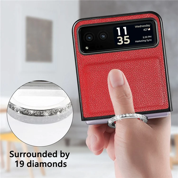 Finger Ring Holder Phone Case for Motorola Razr 40 5G , Litchi Texture Leather Coated PC Cover - Red