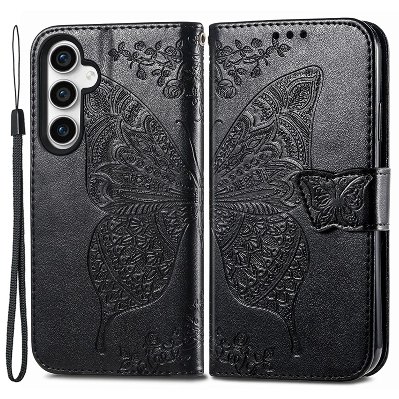 For Samsung Galaxy S23 FE PU Leather Phone Case Butterfly Imprinted Wallet Stand Phone Cover - Black