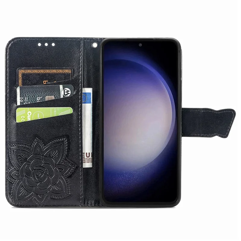 For Samsung Galaxy S23 FE PU Leather Phone Case Butterfly Imprinted Wallet Stand Phone Cover - Black
