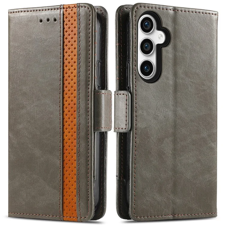 CASENEO 002 Series Para Capa de Telefone Samsung Galaxy S23 FE RFID Blocking Splicing PU Leather Stand Wallet Case - Cinza