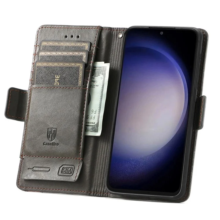 CASENEO 002 Series Para Capa de Telefone Samsung Galaxy S23 FE RFID Blocking Splicing PU Leather Stand Wallet Case - Cinza