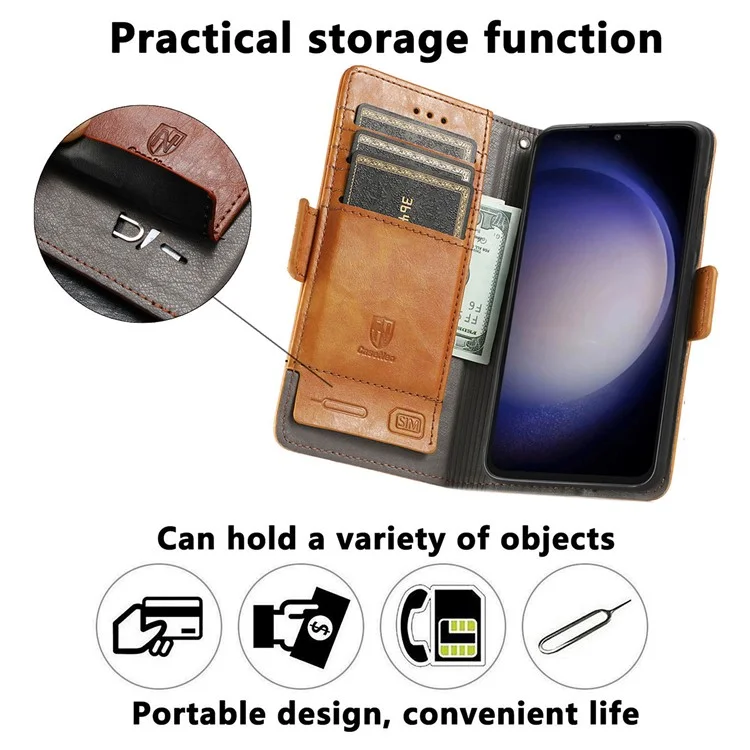 CASENEO 002 Series Para Capa de Telefone Samsung Galaxy S23 FE RFID Blocking Splicing PU Leather Stand Wallet Case - Cinza