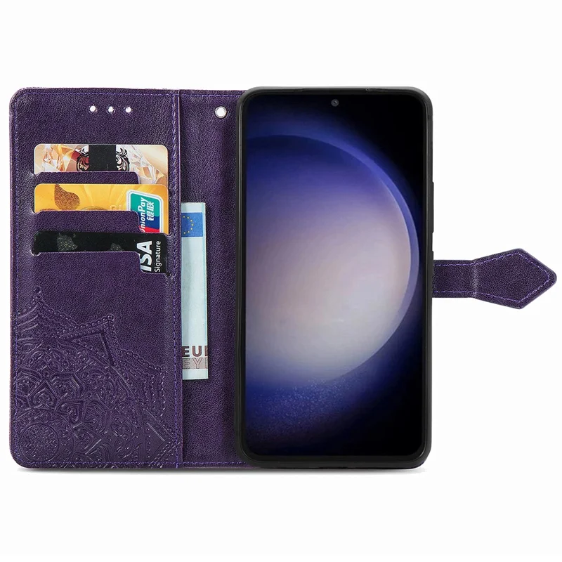 For Samsung Galaxy S23 FE PU Leather Phone Case Embossed Mandala Pattern Stand Wallet Phone Cover - Purple
