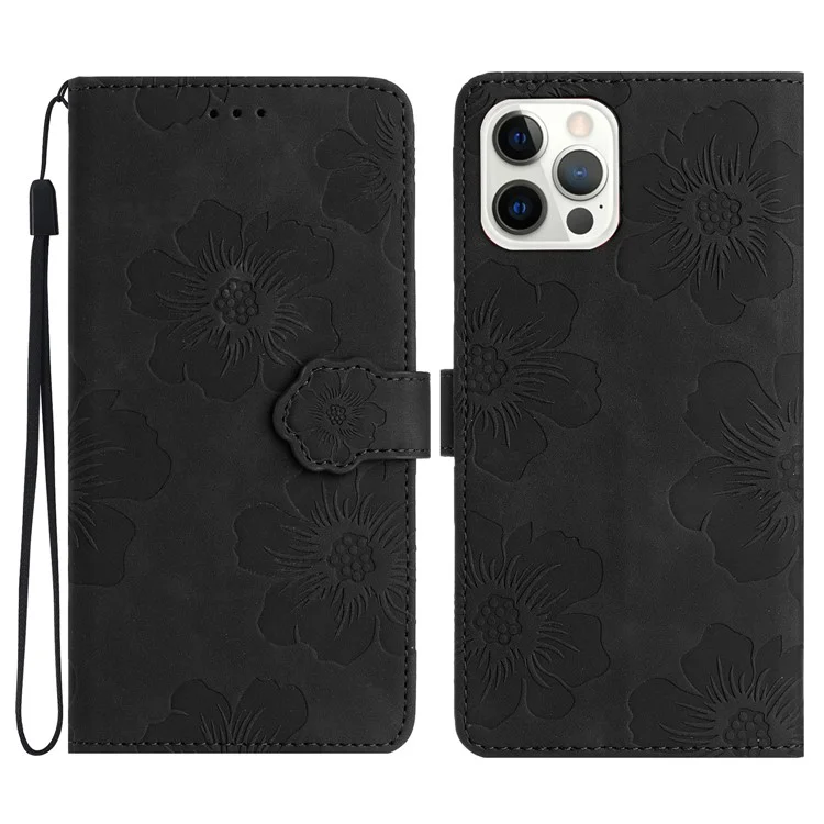 Für iPhone 15 Pro Flowers Imprinted Leather Phone Cover Drop-proof Wallet Stand Case - Schwarz