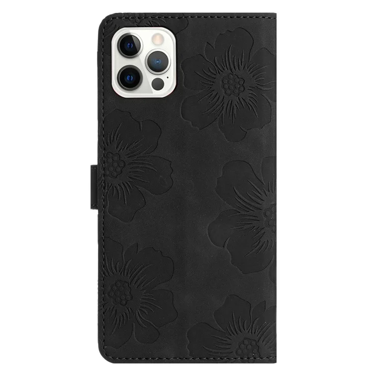 Für iPhone 15 Pro Flowers Imprinted Leather Phone Cover Drop-proof Wallet Stand Case - Schwarz