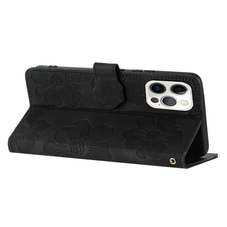 Für iPhone 15 Pro Flowers Imprinted Leather Phone Cover Drop-proof Wallet Stand Case - Schwarz