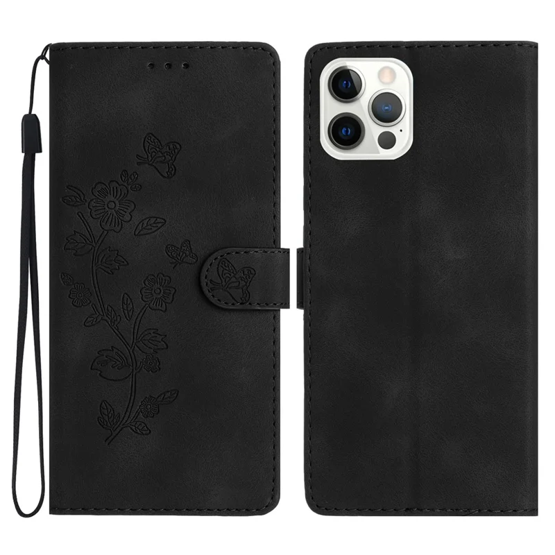 Funda de cartera de cuero con estampado floral para iPhone 15 Pro, a prueba de caídas - Negro