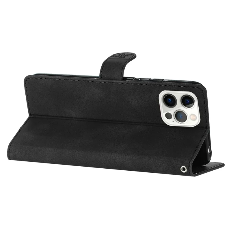 Funda de cartera de cuero con estampado floral para iPhone 15 Pro, a prueba de caídas - Negro