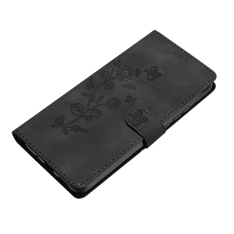Funda de cartera de cuero con estampado floral para iPhone 15 Pro, a prueba de caídas - Negro