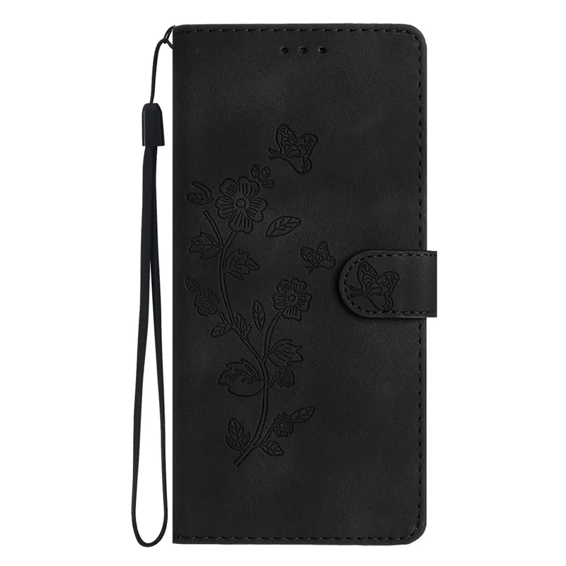 Funda de cartera de cuero con estampado floral para iPhone 15 Pro, a prueba de caídas - Negro