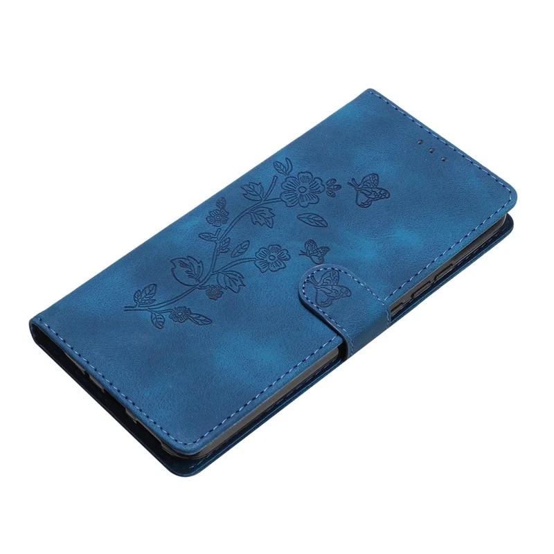 For iPhone 15 Pro Max Flower Imprinted Leather Phone Case Anti-drop Wallet Stand Cover - Blue
