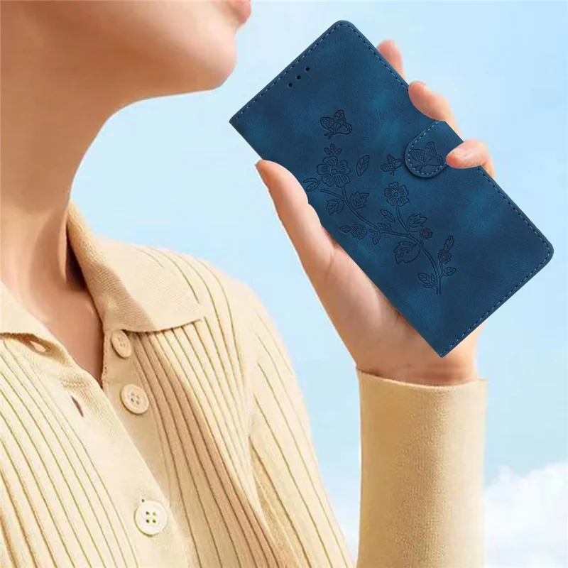 For iPhone 15 Pro Max Flower Imprinted Leather Phone Case Anti-drop Wallet Stand Cover - Blue