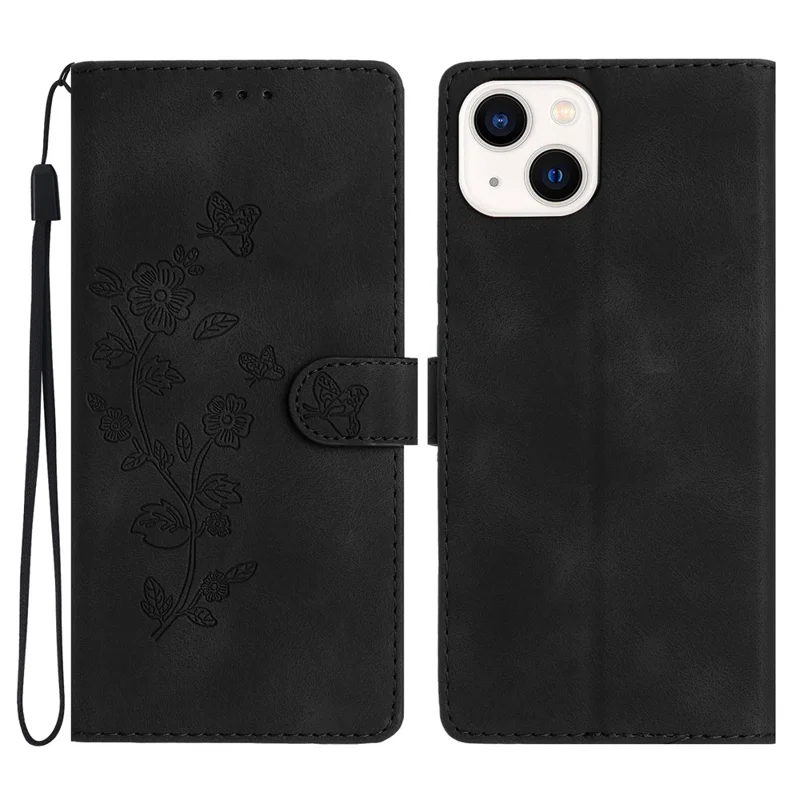 For iPhone 15 Phone Case Imprinted Flower Wallet Anti-Fingerprint PU Leather Magnetic Stand Cover - Black