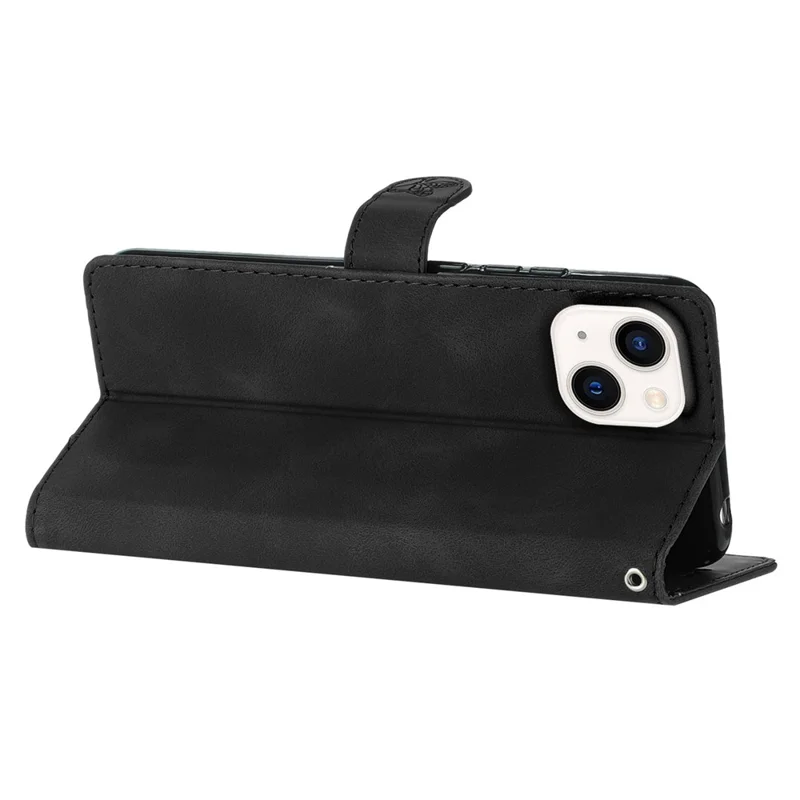 For iPhone 15 Phone Case Imprinted Flower Wallet Anti-Fingerprint PU Leather Magnetic Stand Cover - Black