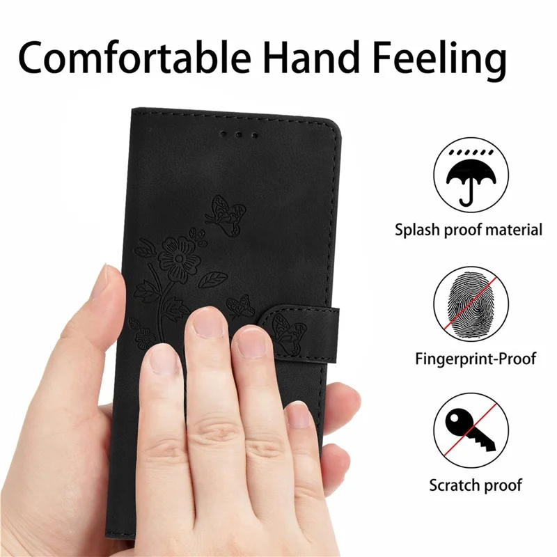 For iPhone 15 Phone Case Imprinted Flower Wallet Anti-Fingerprint PU Leather Magnetic Stand Cover - Black