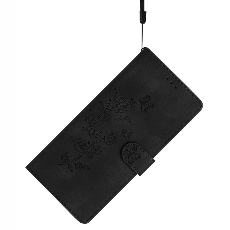 For iPhone 15 Phone Case Imprinted Flower Wallet Anti-Fingerprint PU Leather Magnetic Stand Cover - Black