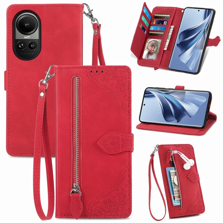 Reißverschluss-Taschen-Leder-Hülle für Oppo Reno10 5G (Global) Geldbörse Stand Blumen geprägte Handyhülle - Rot