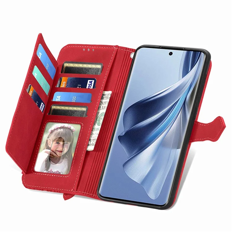 Reißverschluss-Taschen-Leder-Hülle für Oppo Reno10 5G (Global) Geldbörse Stand Blumen geprägte Handyhülle - Rot