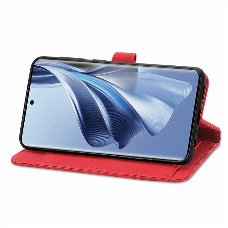 Reißverschluss-Taschen-Leder-Hülle für Oppo Reno10 5G (Global) Geldbörse Stand Blumen geprägte Handyhülle - Rot