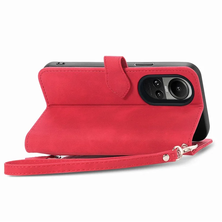 Reißverschluss-Taschen-Leder-Hülle für Oppo Reno10 5G (Global) Geldbörse Stand Blumen geprägte Handyhülle - Rot