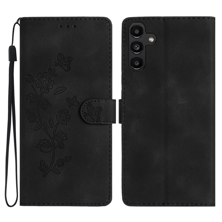 PU Leather Phone Cover For Samsung Galaxy A25 5G (Global) (161.0 x 76.5 x 8.3mm) , Magnetic Phone Case Imprinted Flower Wallet Stand Shell - Black