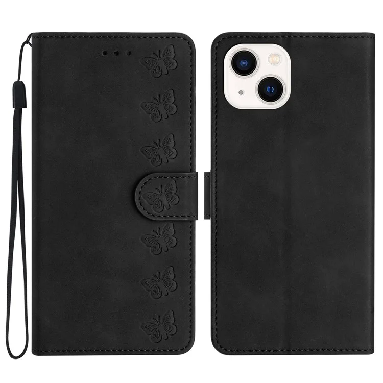 For iPhone 15 Plus Imprinted Butterfly Phone Case Leather Wallet Flip Phone Cover Stand Shell - Black