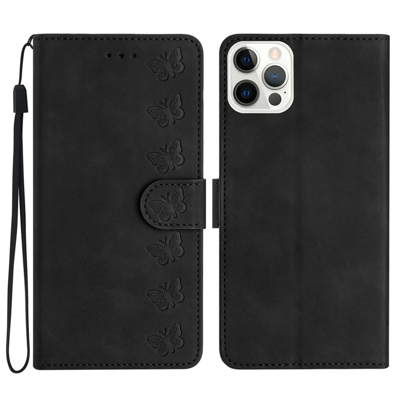 Anti-Scratch Phone Cover for iPhone 15 Pro Max , PU Leather Wallet Stand Imprinted Butterfly Phone Case - Black