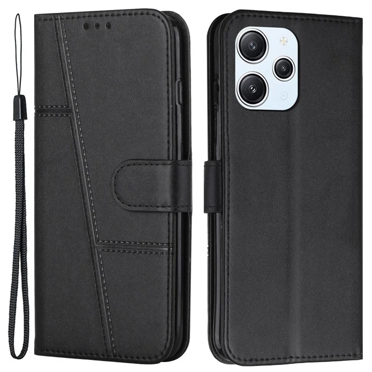 Para Xiaomi Redmi 12 4G Flip Wallet Phone Case PU Leather Calf Texture Cover With Stand - Black