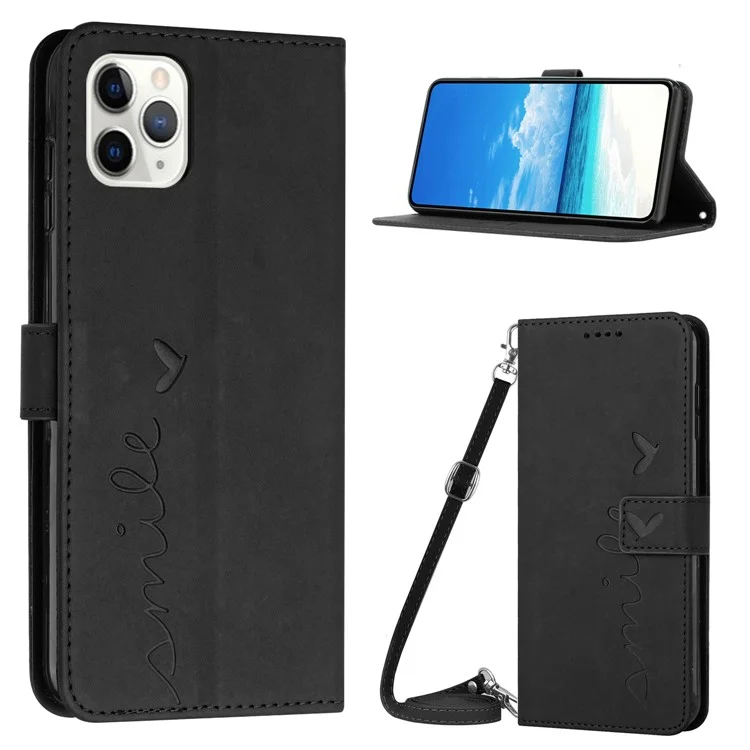 Para iPhone 15 Pro Max Leather Phone Case Heart Imprinted Wallet Stand Cover with Shoulder Strap - Black