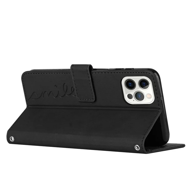 Para iPhone 15 Pro Max Leather Phone Case Heart Imprinted Wallet Stand Cover with Shoulder Strap - Black