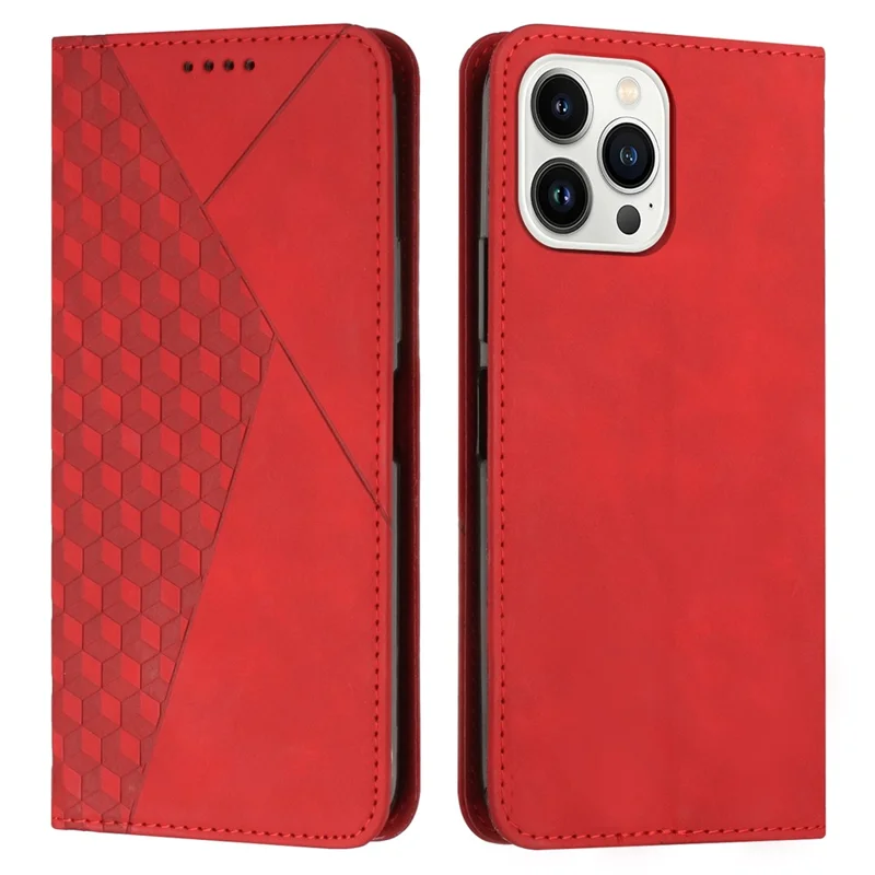 For iPhone 15 Pro Slim-fit Shell Imprinted Rhombus Leather Phone Stand Case Wallet Skin-touch Cover - Red