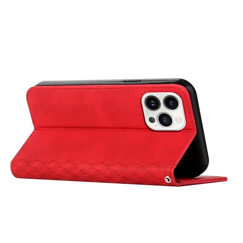 For iPhone 15 Pro Slim-fit Shell Imprinted Rhombus Leather Phone Stand Case Wallet Skin-touch Cover - Red