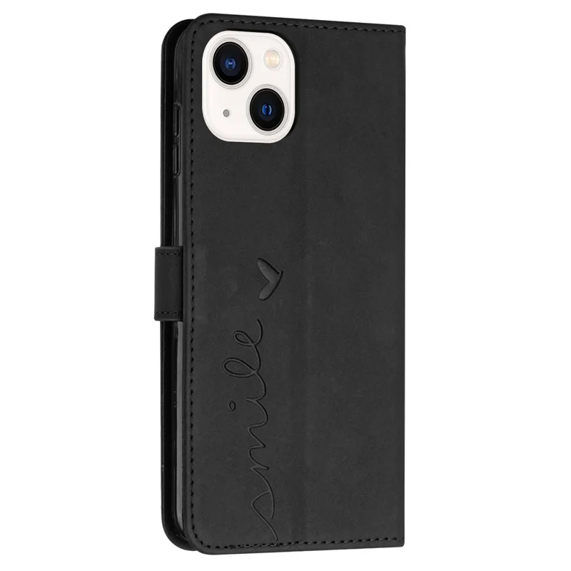 Leather Case for iPhone 15 Heart Imprinted Wallet Stand Anti-drop Phone Cover with Shoulder Strap - Black