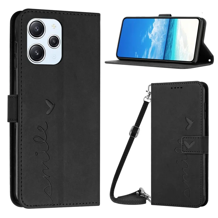 Pour Xiaomi Redmi 12 4G PU Leather Wallet Stand Case Heart Imprinted Phone Cover with Shoulder Strap - Black
