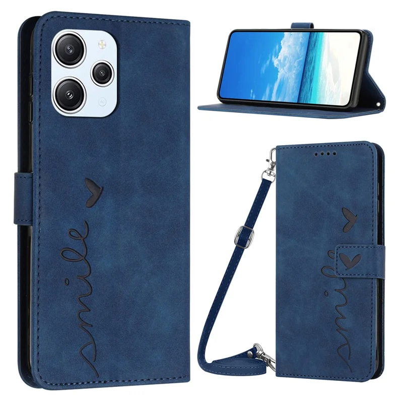 For Xiaomi Redmi 12 4G PU Leather Wallet Stand Case Heart Imprinted Phone Cover with Shoulder Strap - Sapphire