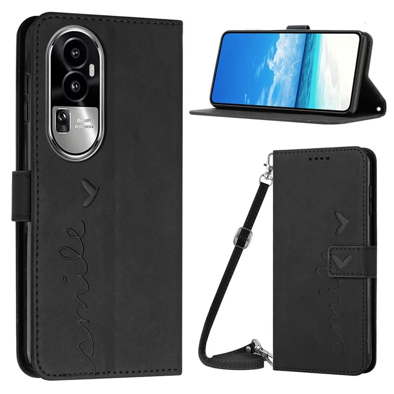 Per Oppo Reno10 Pro 5G (Global) / Reno10 5G (Global) Imprinted PU Leather Wallet Stand Case Phone Cover con tracolla - Nero